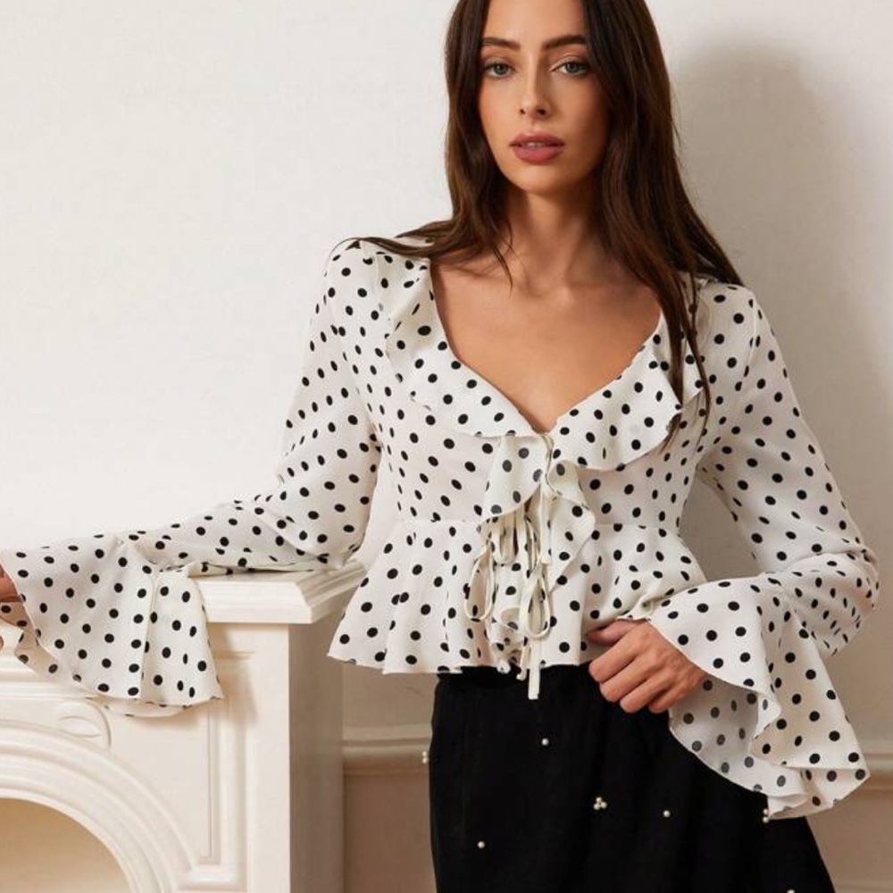 White Blouse Tie Front V-Neckline Collar Puffy Sleeves And Ruffles Polka Dot